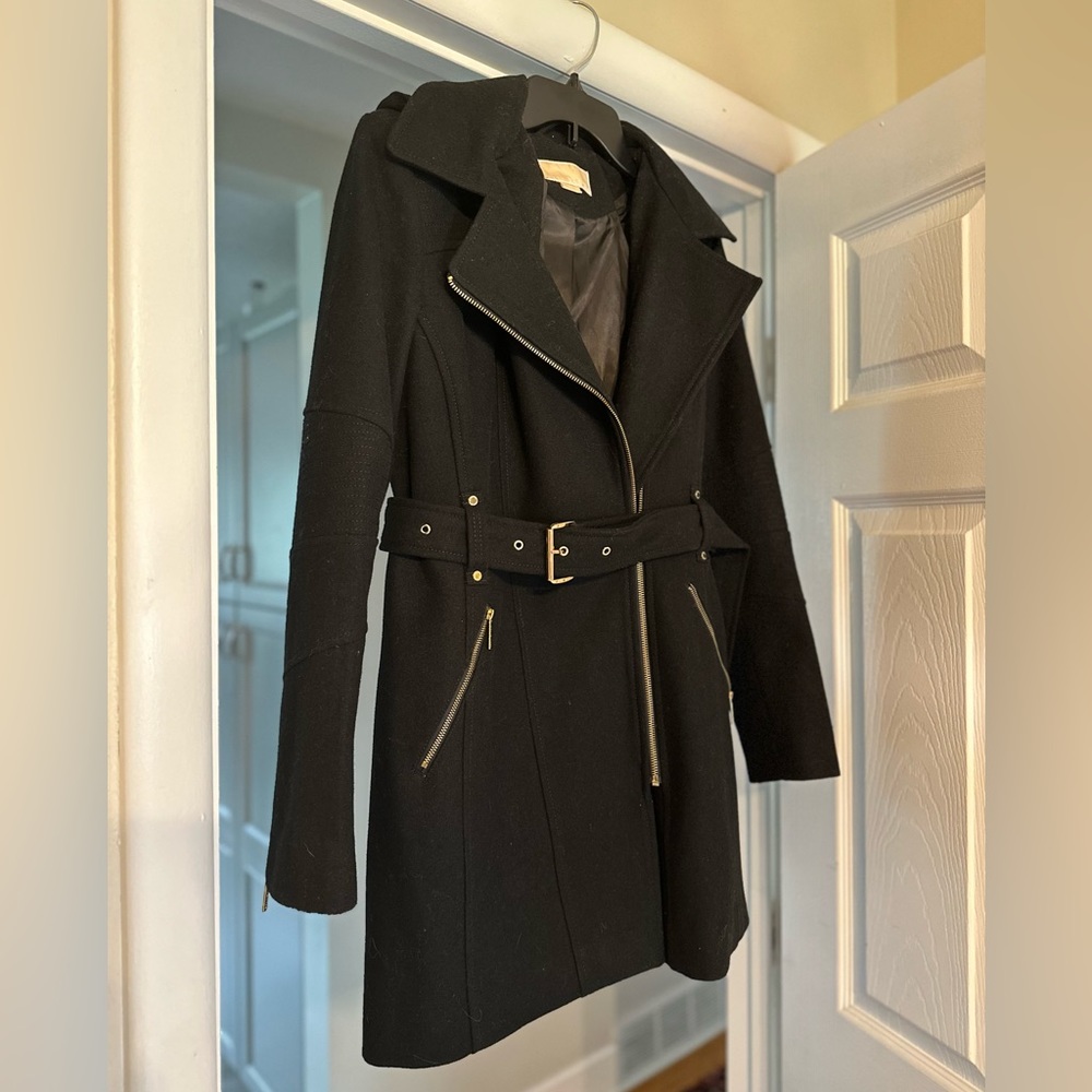 Black Michael Kors Asymmetric Wool blend Coat with Gold detailing